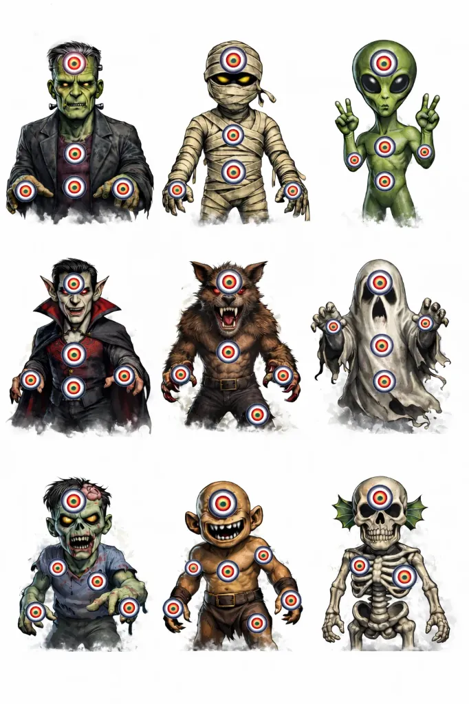 9 Monster Targets - Paper 14cm x 14cm Pack